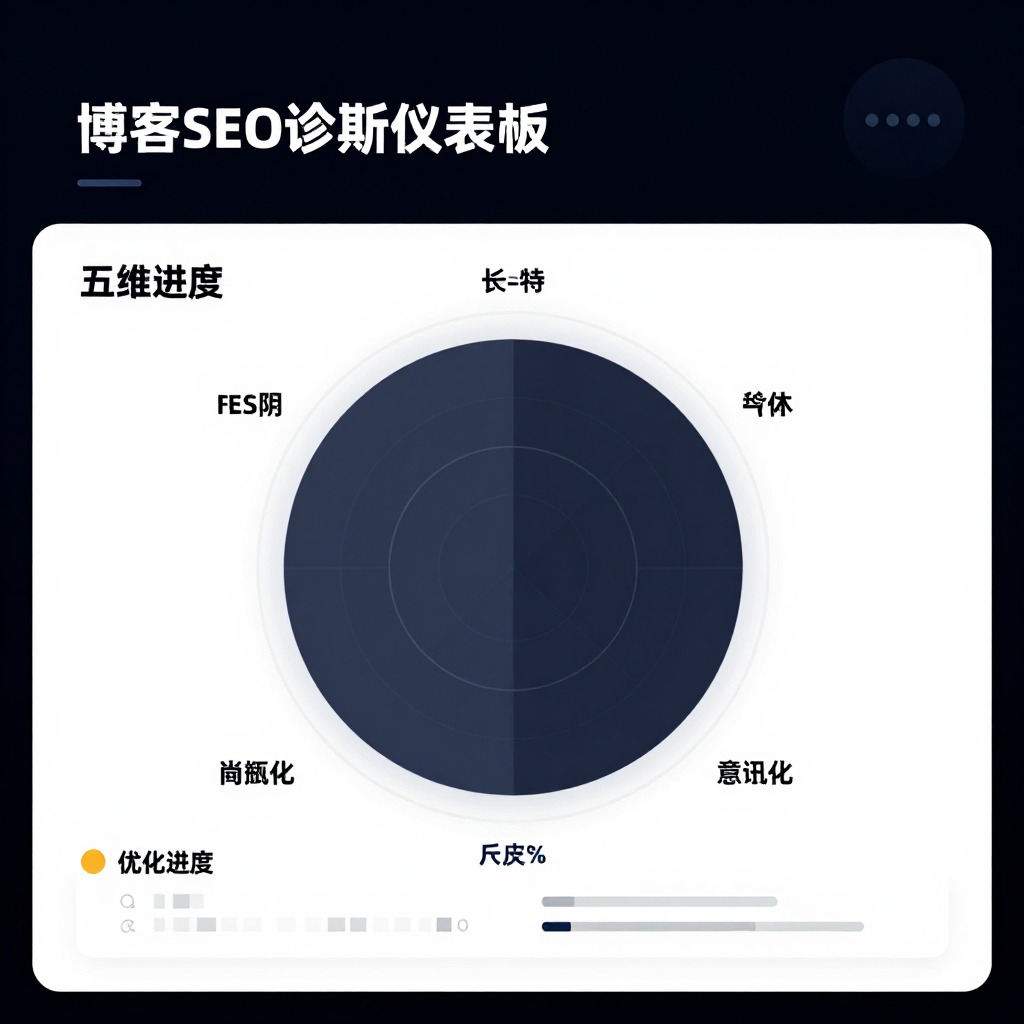 博客SEO诊断仪表盘，五维雷达图显示优化进度，深色科技感UI设计