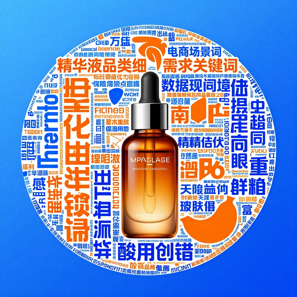 电商场景词云图, 精华液品类细分需求关键词, 蓝橙对比色数据可视化, 信息图表设计风格