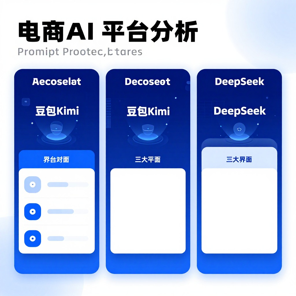 电商AI平台对比分析图，豆包Kimi与DeepSeek三大平台界面并排，蓝色科技感信息图表风格