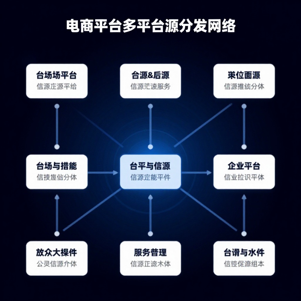 电商平台多平台信源分发网络拓扑图，科技感数据流，深蓝色背景，商业信息图表风格