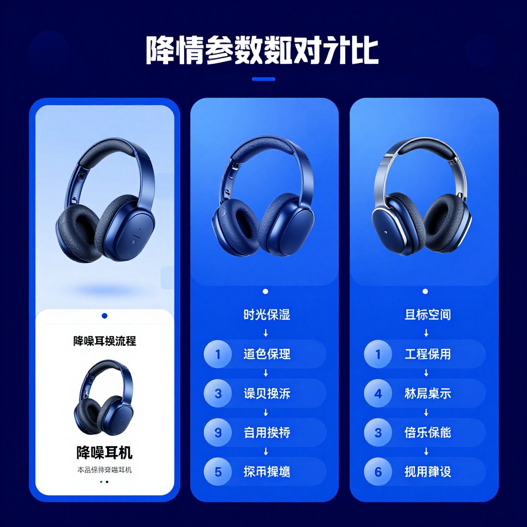 电商平台降噪耳机产品详情页参数对比图，蓝色科技风UI界面，信息架构流程图
