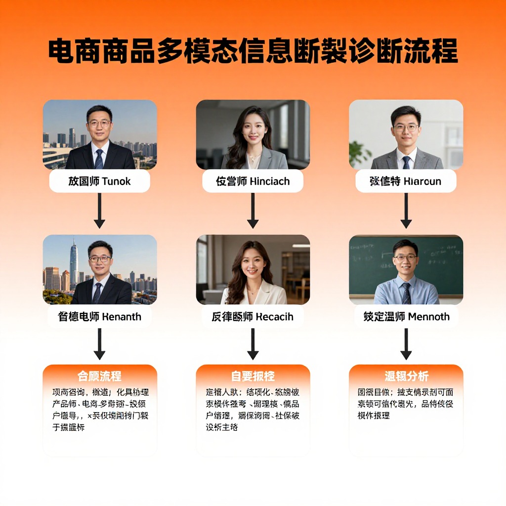 电商商品多模态信息断裂诊断流程图，文本图像视频三模块对比分析，橙白渐变信息图风格
