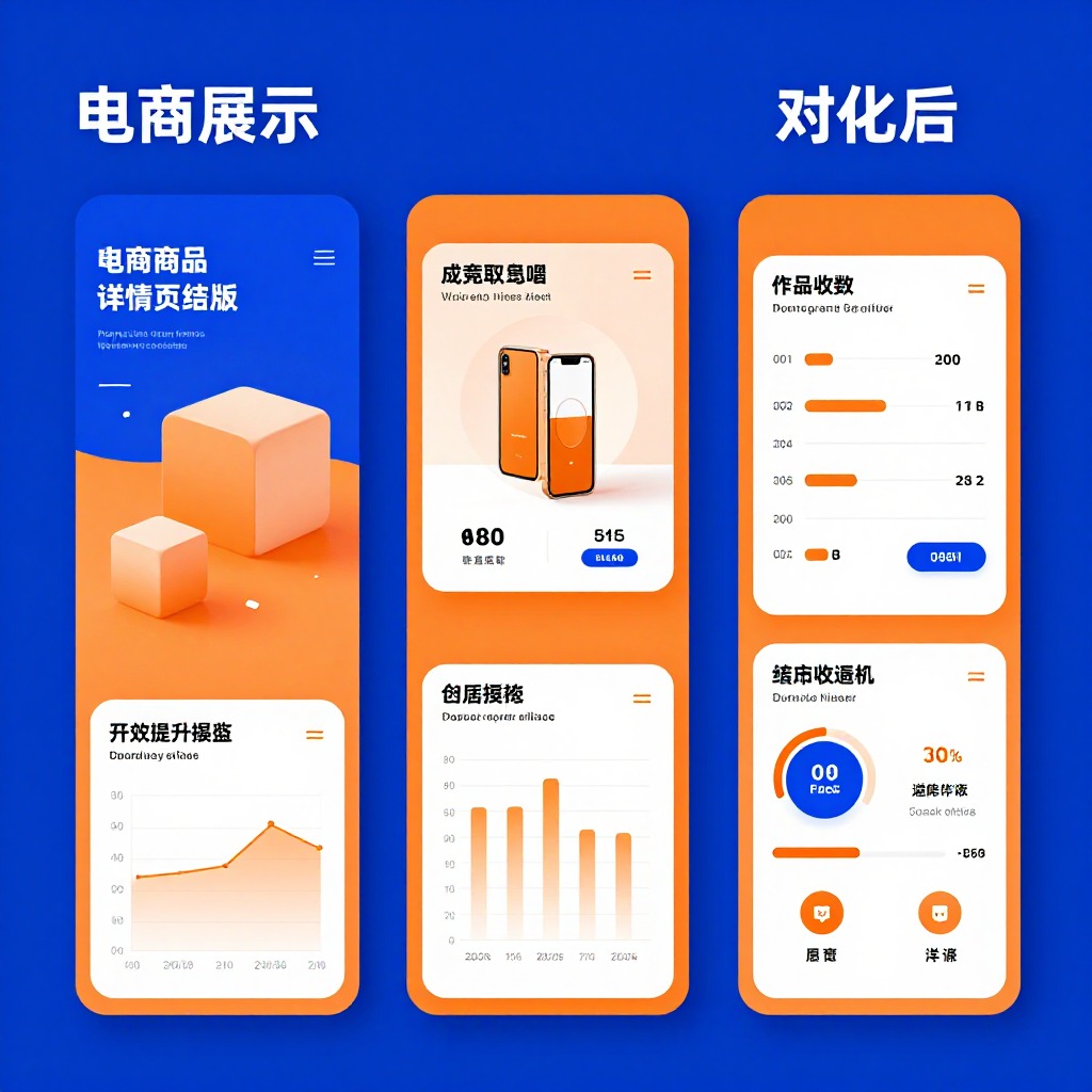 电商商品详情页结构化排版优化前后对比图，蓝橙配色信息图表风格