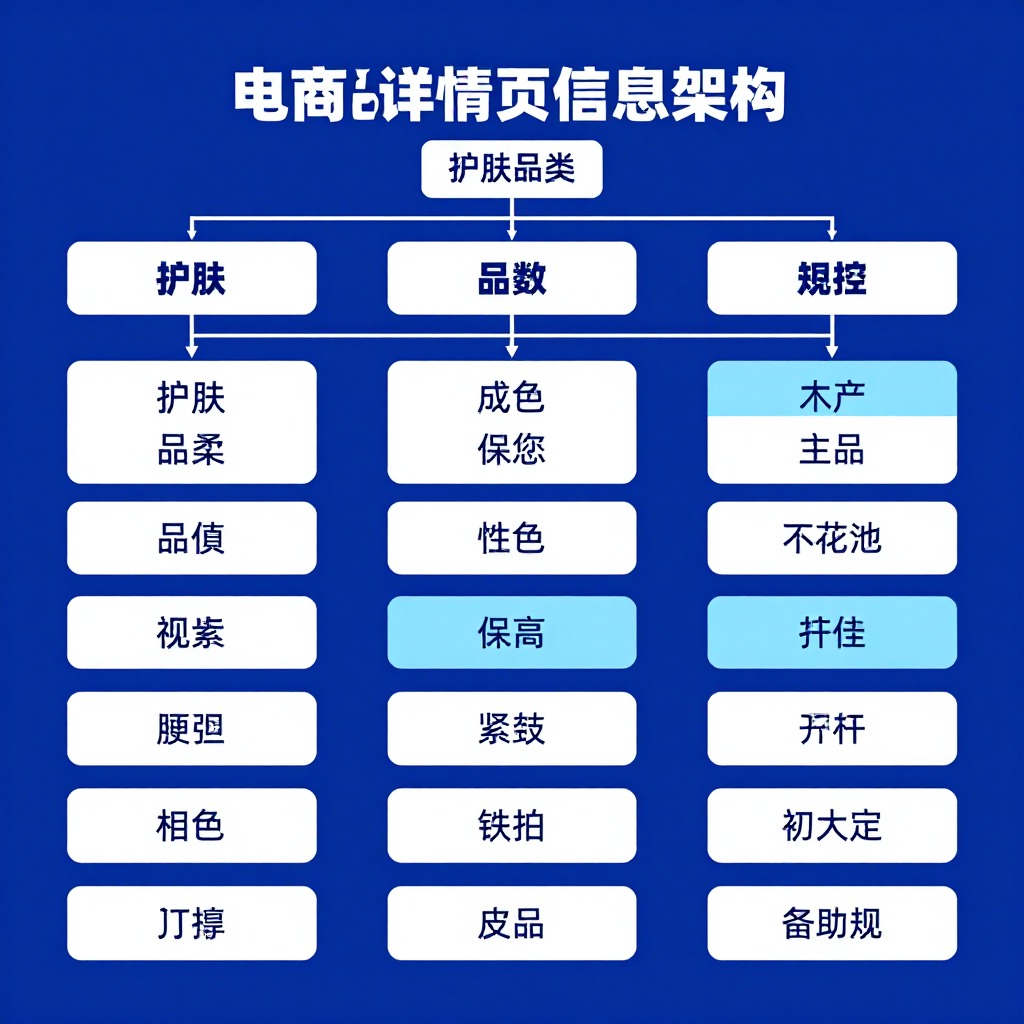 电商商品详情页信息架构图, 参数化模块高亮标注, 蓝白渐变信息图风格