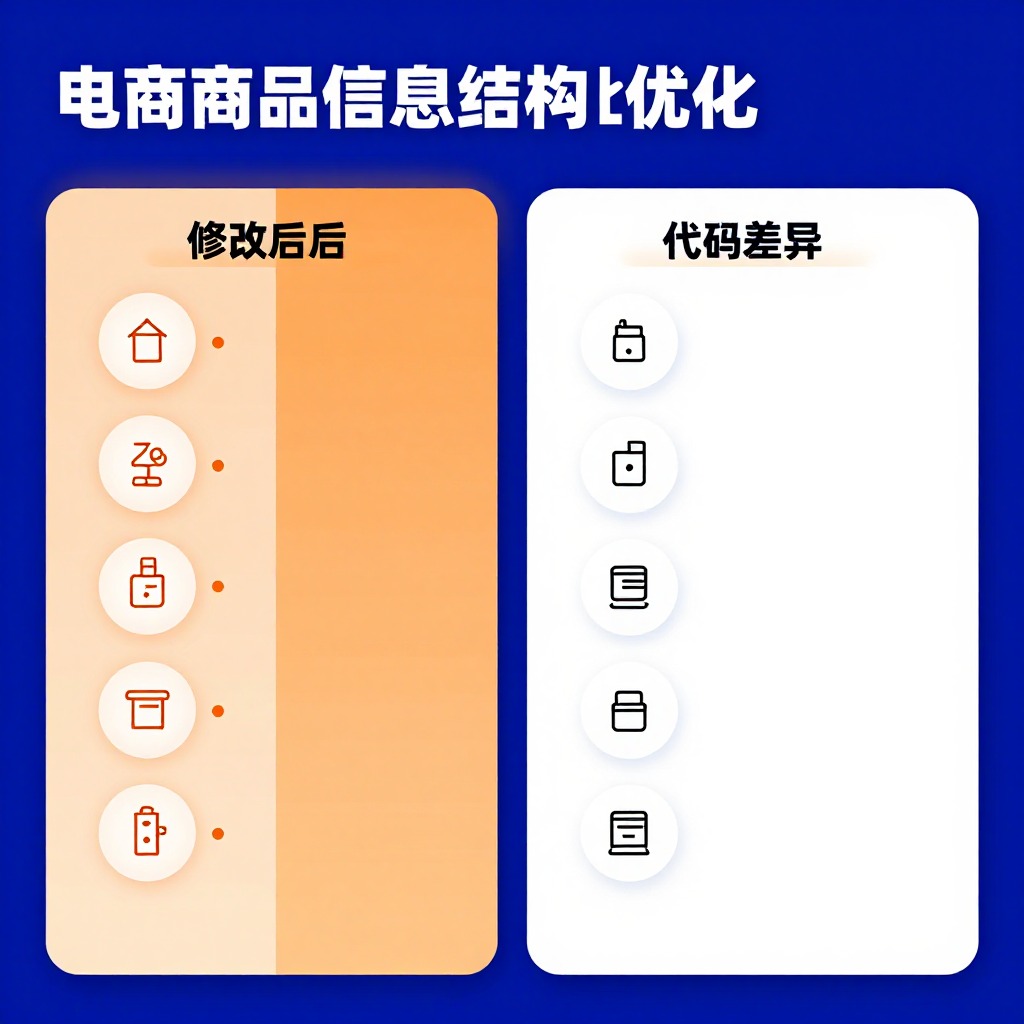 电商商品信息结构化优化对比图，修改前后代码差异，蓝橙色系信息图表风格