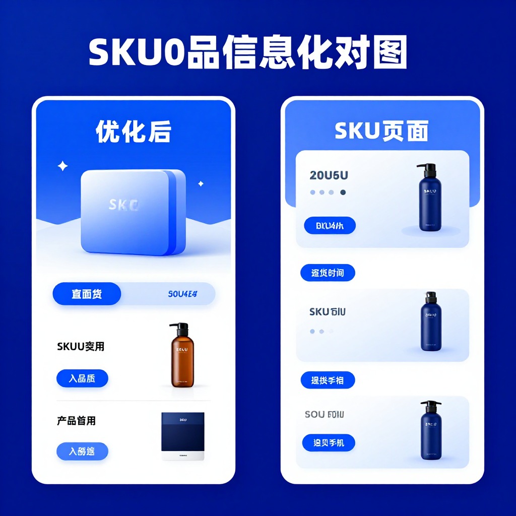 电商商品信息优化对比图，左右分栏显示优化前后SKU页面，信息图表风格，蓝白配色