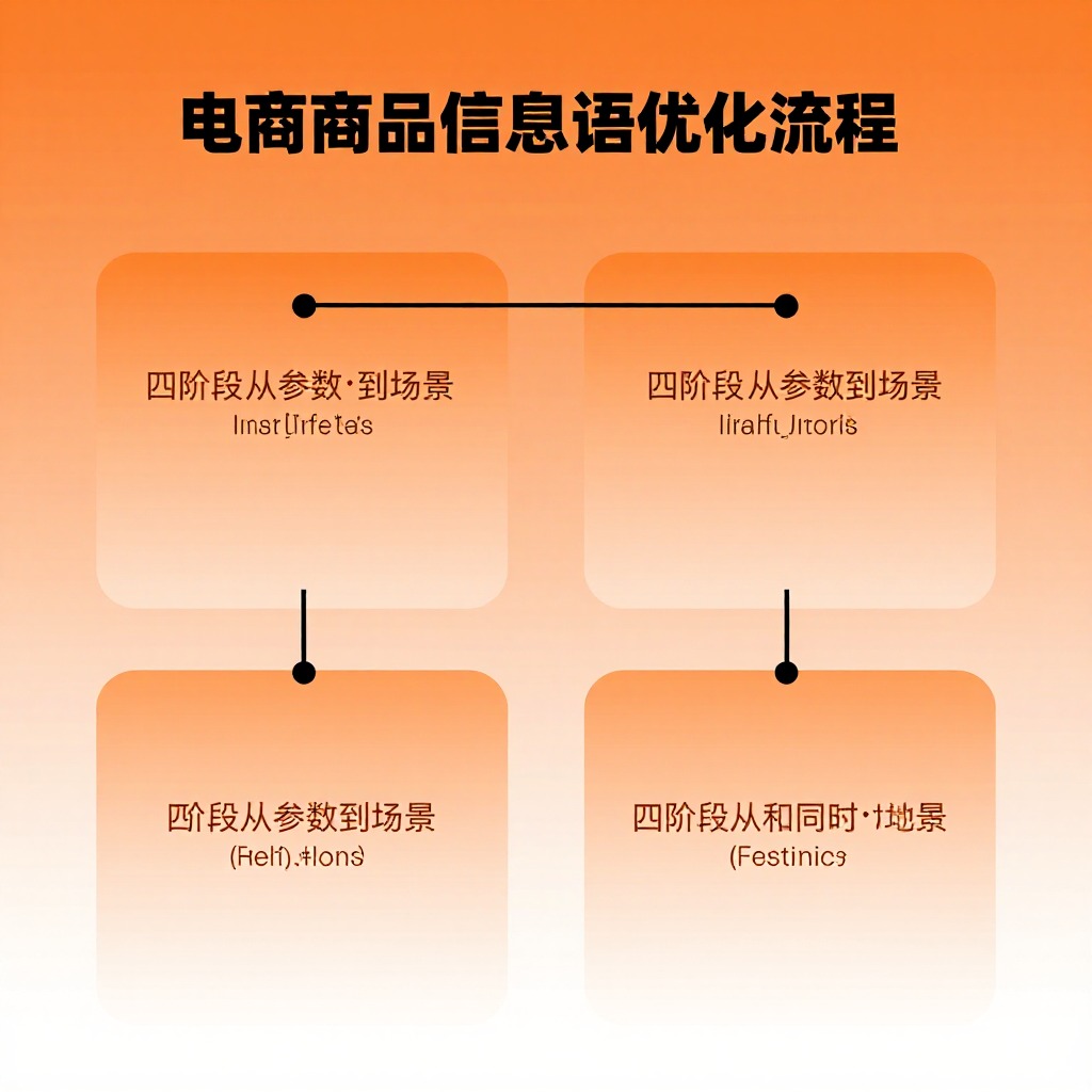 电商商品信息语义优化流程图,四阶段从参数到场景,橙色渐变信息图风格