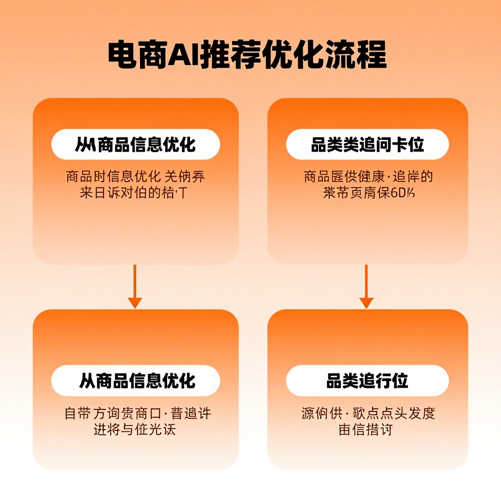 电商AI推荐优化流程图，四阶段从商品信息优化到品类追问卡位，橙色渐变信息图风格，扁平化设计
