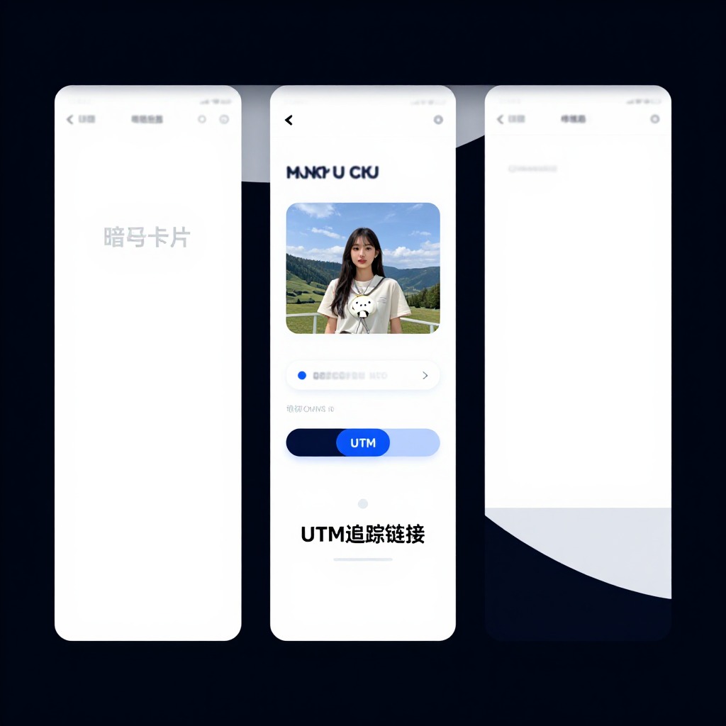 独立站商品落地页埋点设计示意图,包含暗号卡片和UTM追踪链接,扁平化UI设计