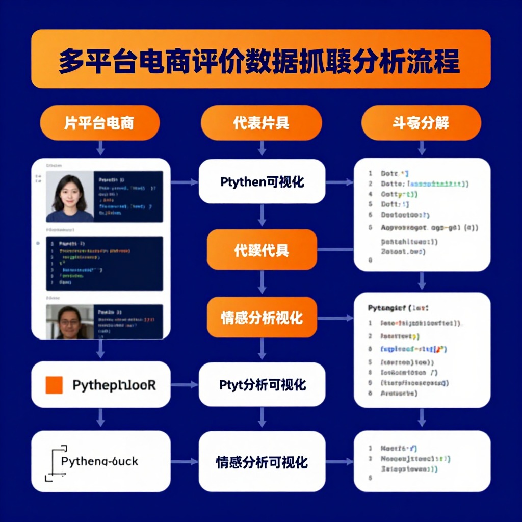 多平台电商评价数据抓取分析流程图，Python代码片段与情感分析可视化，蓝橙对比科技风格