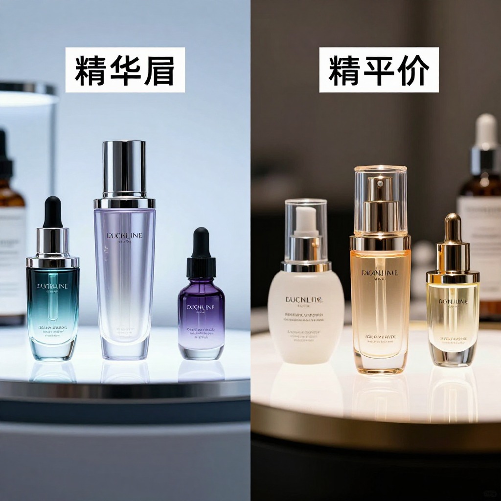 高端护肤品精华液与平价产品对比陈列，冷调光影分割，商业摄影风格