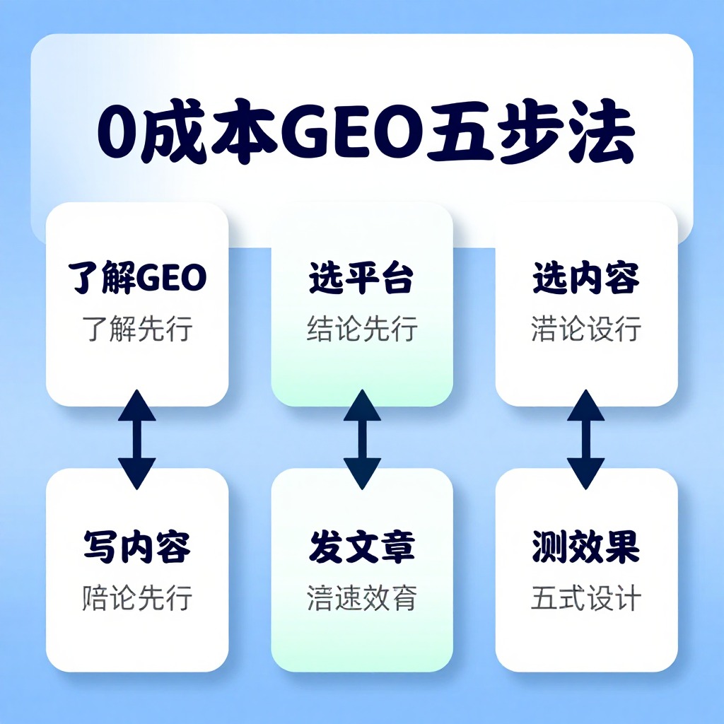 {{根据“结论先行”生成配图描述：信息图展示“0成本GEO五步法”流程图，从“了解GEO”到“选平台”“写内容”“发文章”“测效果”五个节点，简洁卡片式设计，蓝绿色调}}