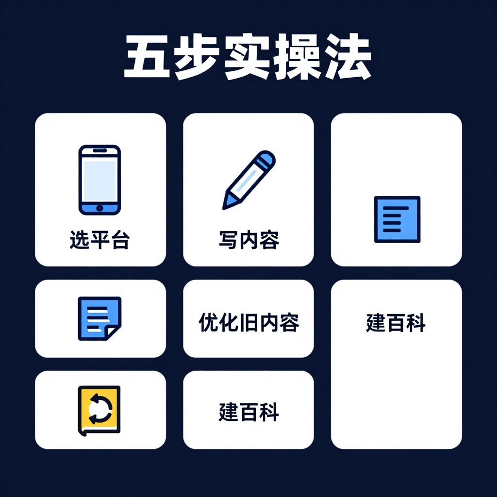 {{根据“五步实操法”生成配图描述：五步流程图，每一步配一个小图标——选平台（手机图标）、写内容（笔图标）、结构化（代码图标）、优化旧内容（循环箭头图标）、建百科（书籍图标），简洁信息图风格}}