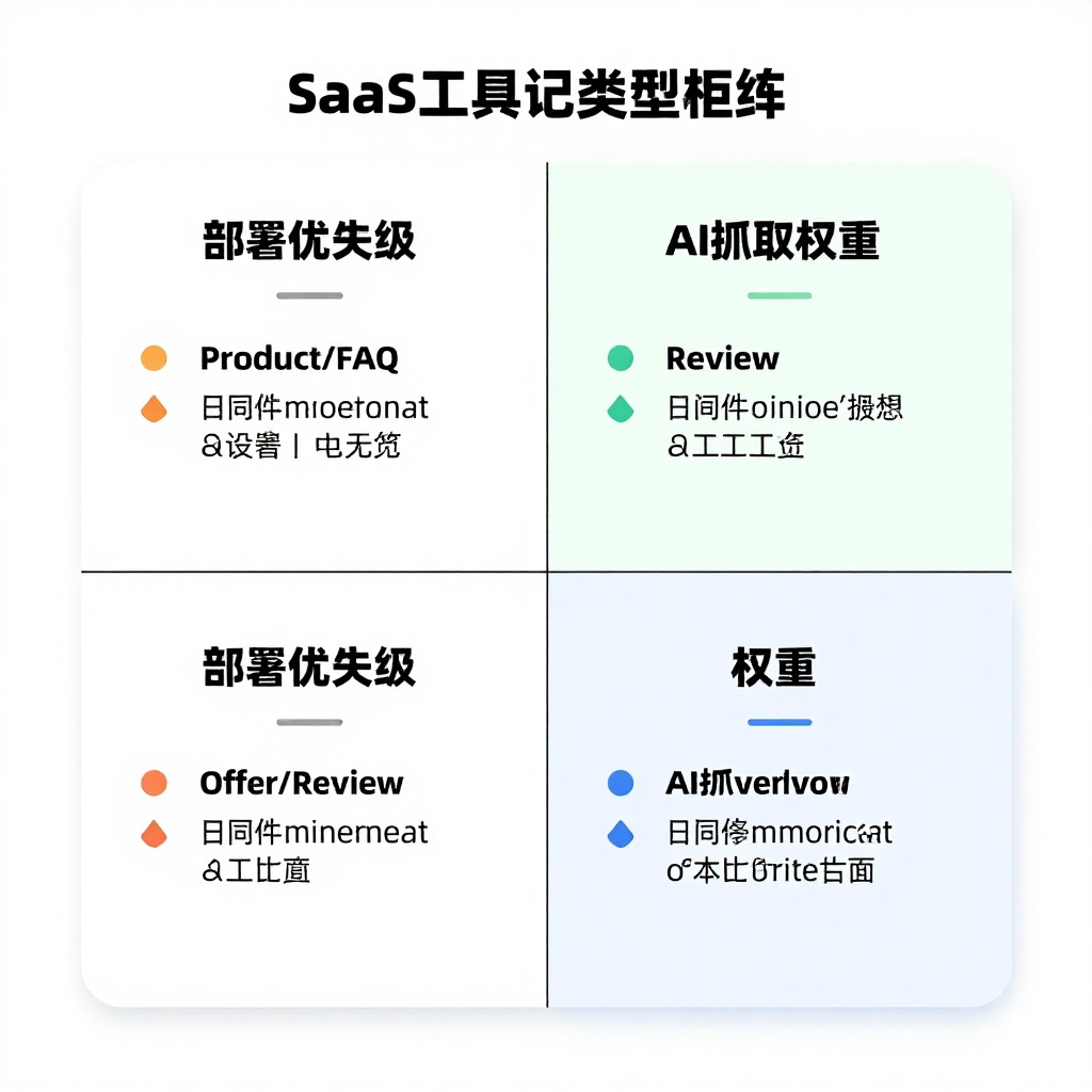 SaaS工具Schema标记类型矩阵图，四象限展示Product/FAQ/Offer/Review的部署优先级与AI抓取权重，极简信息图风格
