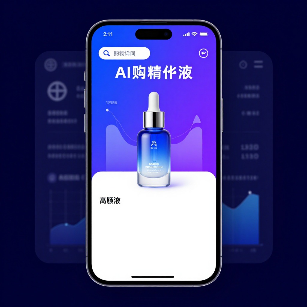 AI购物助手界面截图, 手机屏幕上显示精华液推荐结果, 蓝紫渐变科技感UI设计, 数据可视化图表叠加