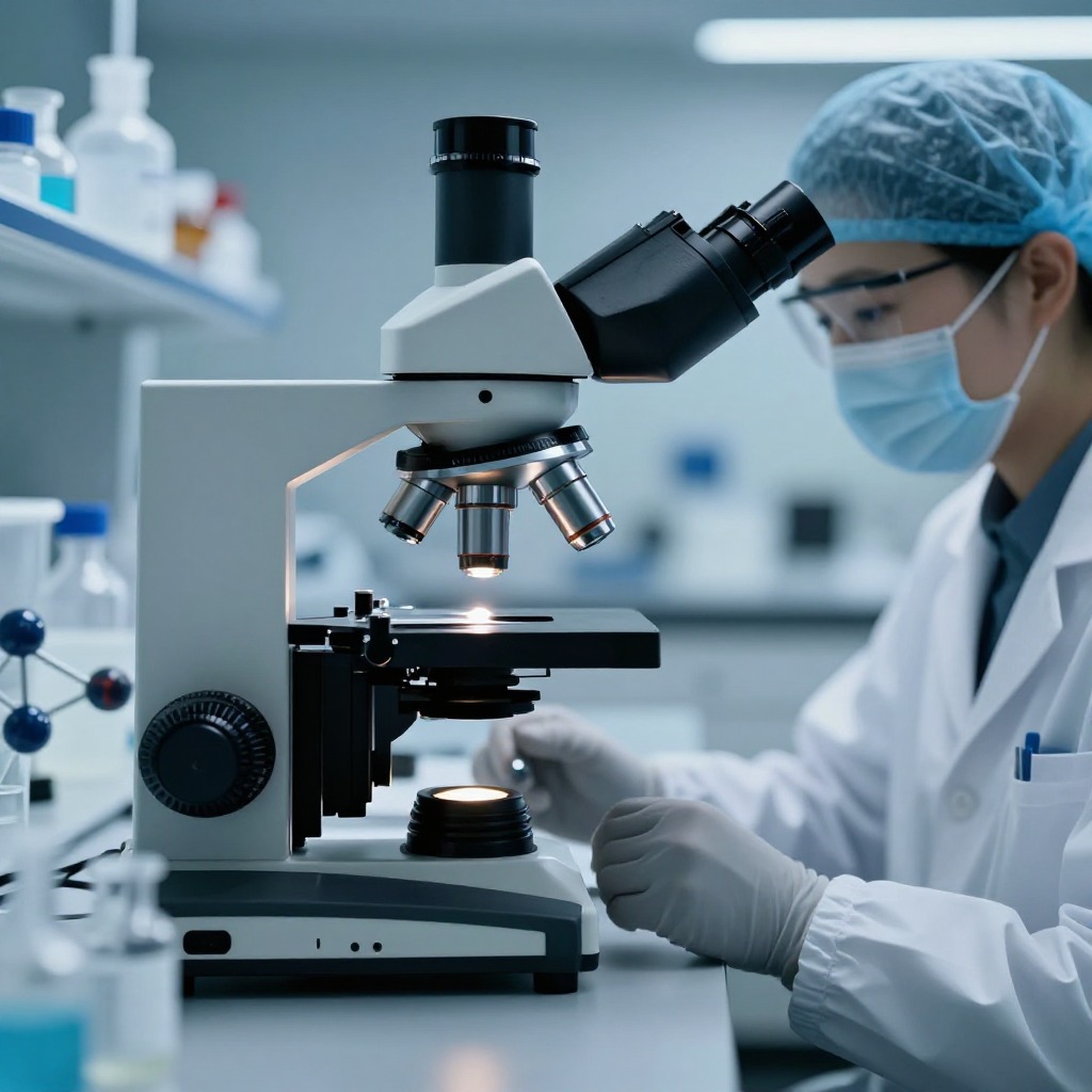 护肤品成分实验室场景，显微镜与玻色因分子模型，科技感冷色调