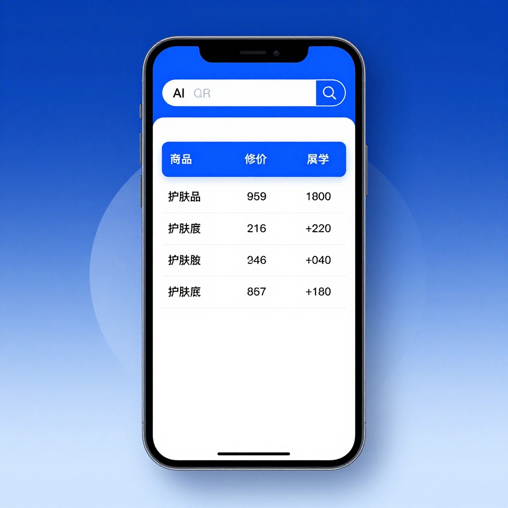 护肤品精华液产品参数对比表格，手机屏幕显示AI搜索界面，科技感蓝白配色商业摄影