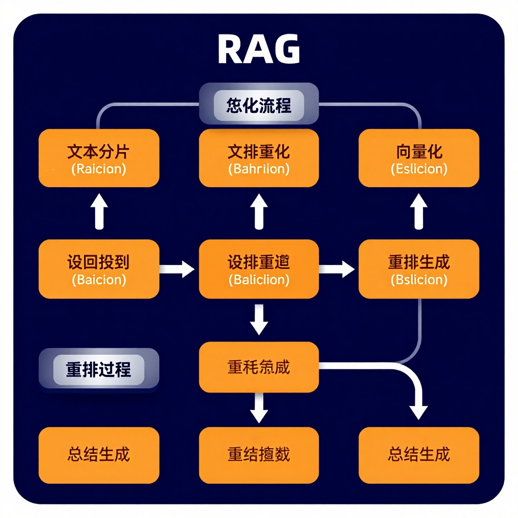 RAG架构五阶段流程示意图，从文本分片向量化到召回到重排再到总结生成，用工业风格箭头串联，深蓝底色搭配橙色数据高亮