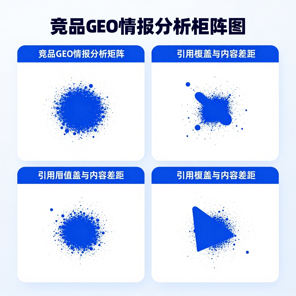 竞品GEO情报分析矩阵图，四象限散点图显示引用覆盖率与内容差距，商务蓝配色信息图表