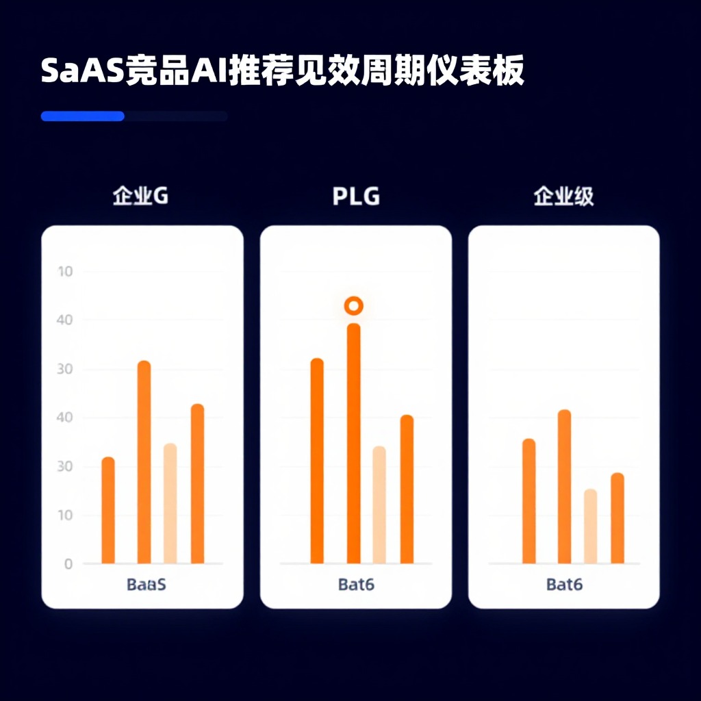 SaaS竞品AI推荐位见效周期对比仪表盘，深蓝科技界面，PLG/SLG/企业级三列数据柱状图，橙色高亮最短周期节点