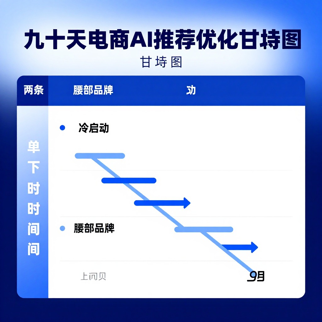 九十天电商AI推荐优化甘特图,包含冷启动和腰部品牌两条时间线,商务蓝色调信息图表