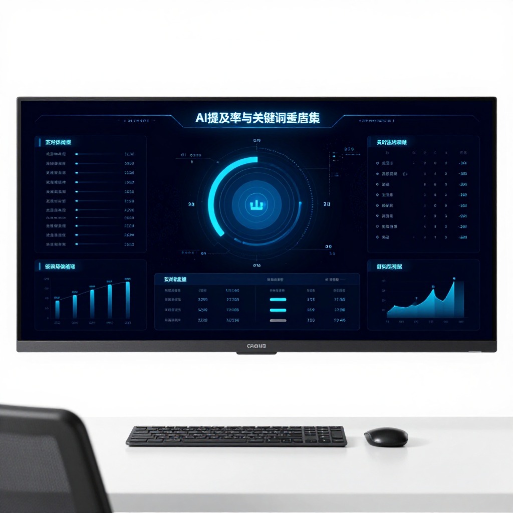 蓝色科技感数据监控仪表盘，AI提及率与关键词覆盖率实时监测界面