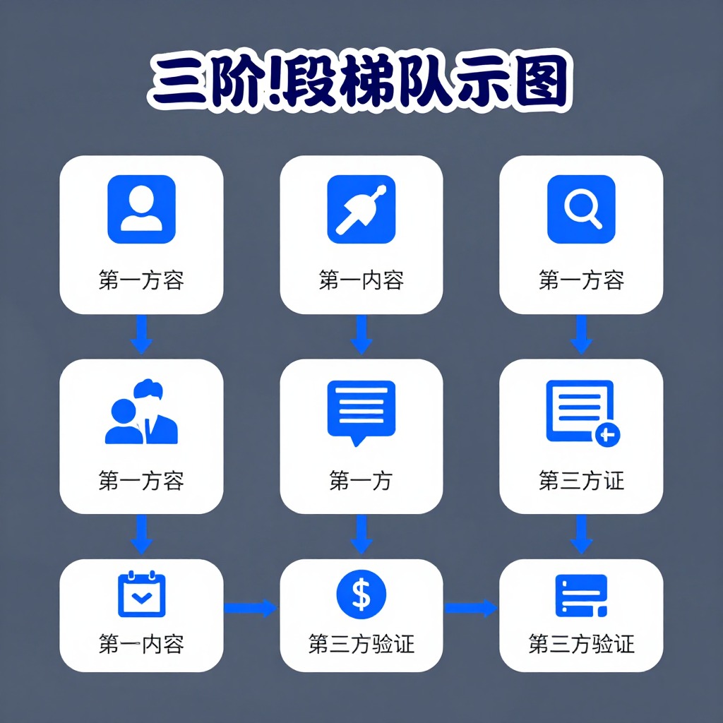 AI品牌时效性管理三阶段梯队示意图，从第一方内容到第三方验证的完整流程，蓝灰扁平化图标信息图风格