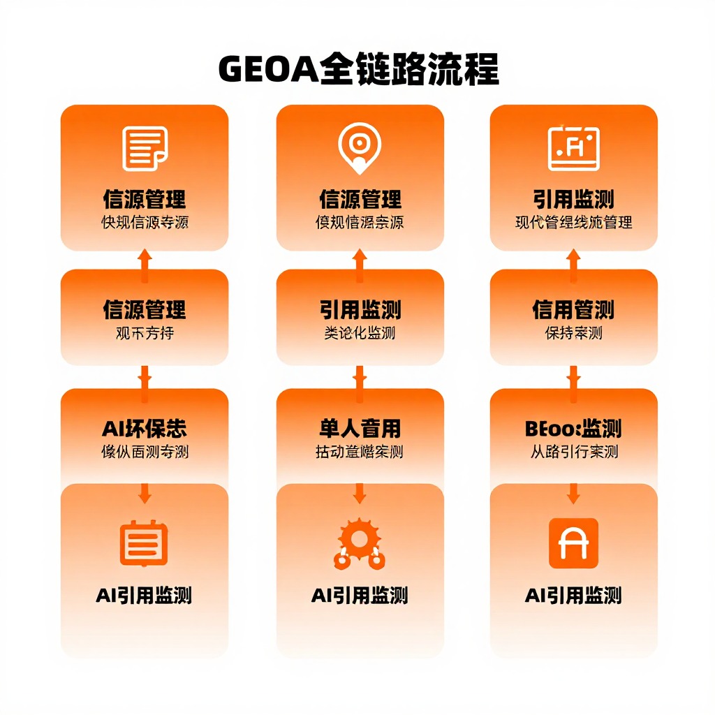 品牌GEO优化全链路流程图，从信源管理到AI引用监测，橙色渐变信息图风格