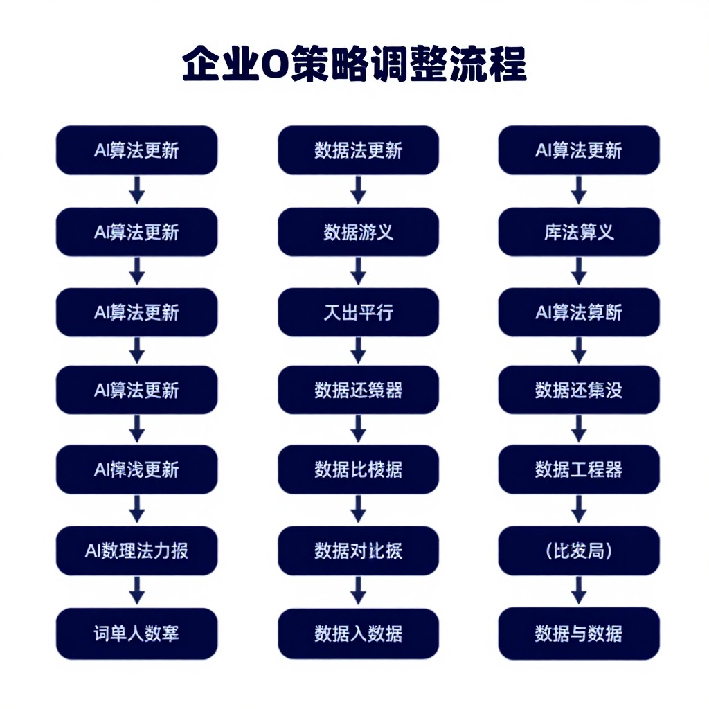企业GEO策略调整流程图，AI算法更新节点标注，数据对比仪表盘，深蓝科技信息图风格