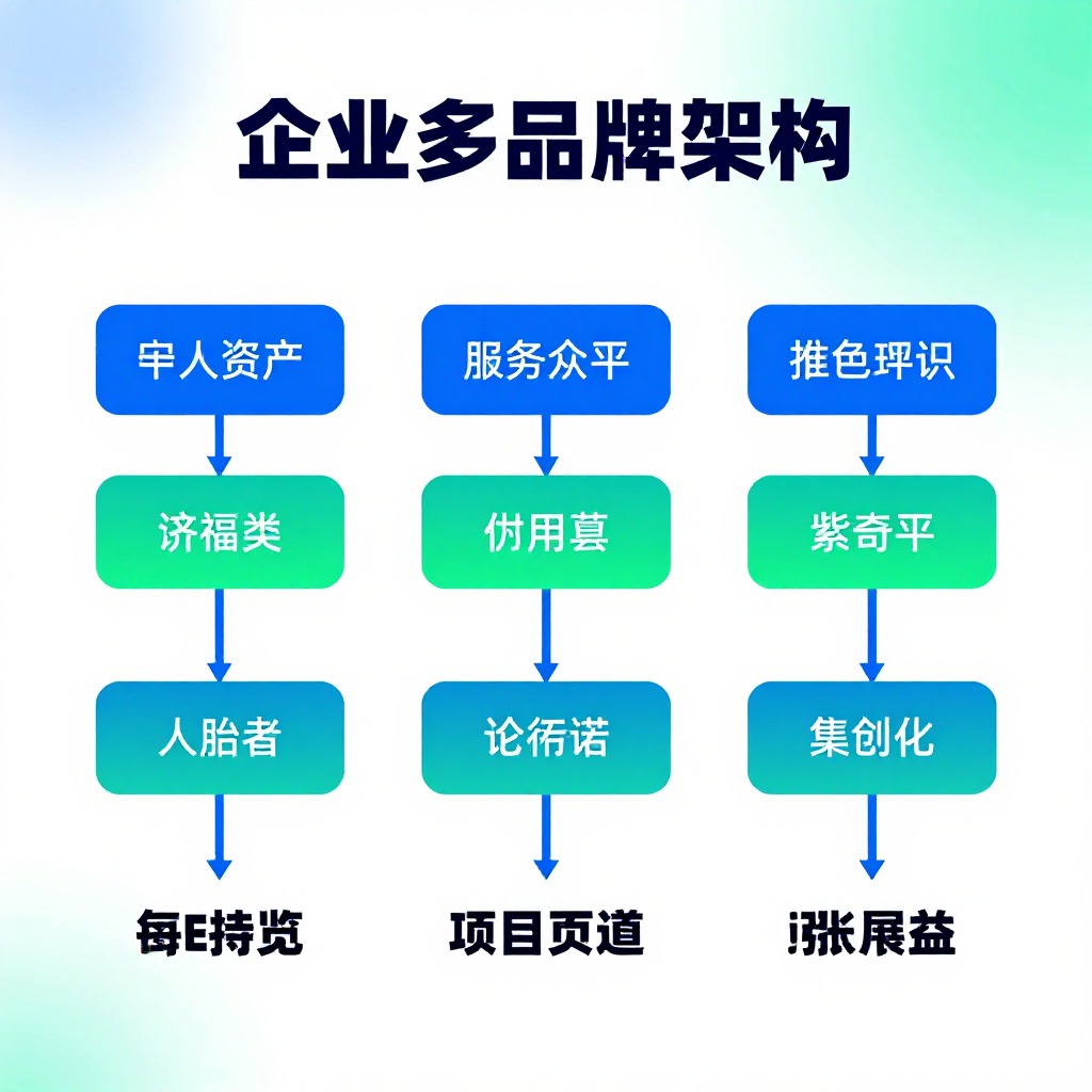 企业多品牌架构树状图解，蓝绿渐变科技感信息图表风格
