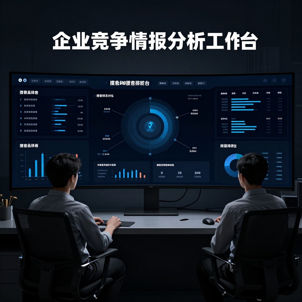 企业竞争情报分析工作台，多屏数据仪表盘显示AI搜索排名对比，深色科技风格界面