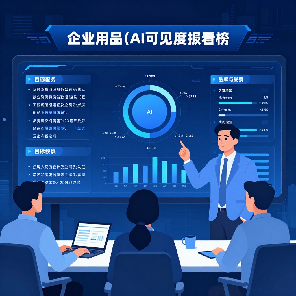 企业决策者在大屏前分析品牌AI可见度数据看板，科技感蓝色商业插画风格