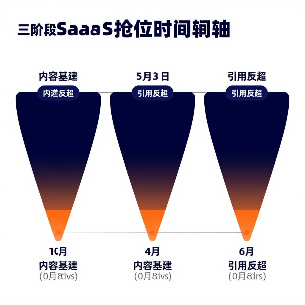 三阶段SaaS抢位时间轴漏斗图，从内容基建到引用反超，每阶段标注月份与关键动作，深蓝渐变配橙色进度条，信息图风格