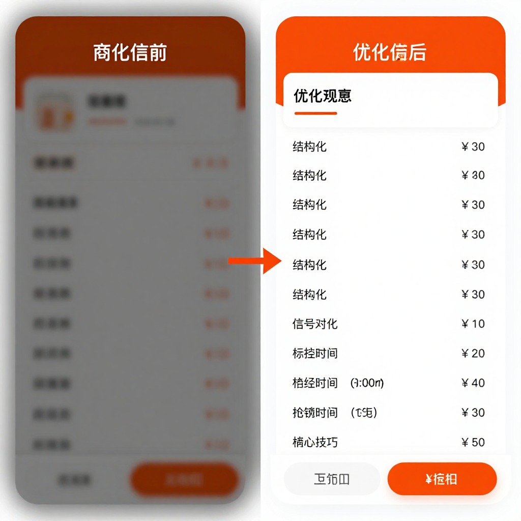 商家信息优化前后对比示意图，左侧为优化前模糊信息，右侧为优化后结构化标签化信息，分步对比风格