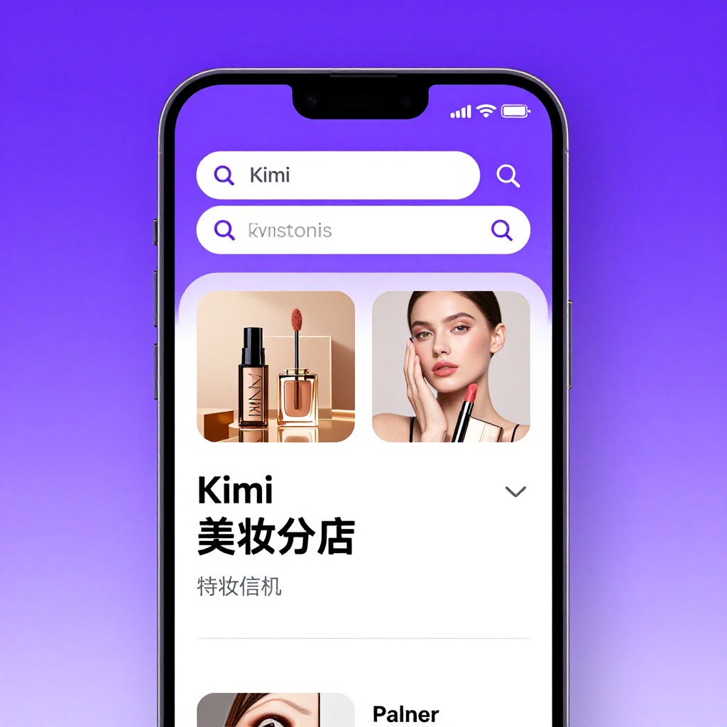 手机屏幕显示Kimi搜索界面，推荐附近美妆门店结果，UI界面截图风格，紫色渐变背景