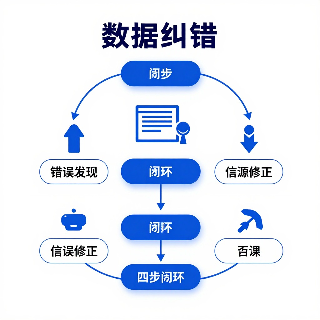 数据纠错流程图，从错误发现到信源修正的四步闭环，蓝白配色信息图表风格，简洁扁平设计