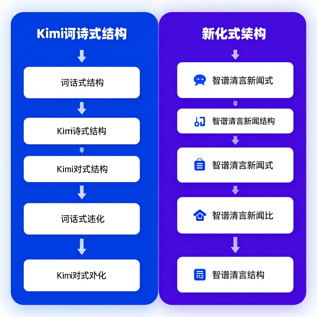 双平台内容优化对比流程图，左侧Kimi对话式结构右侧智谱清言新闻式结构，蓝紫渐变信息图设计，扁平化图标