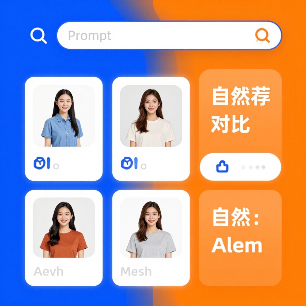 AI搜索电商结果页界面截图, 商品卡片与自然推荐对比标注, 蓝橙双色信息图风格