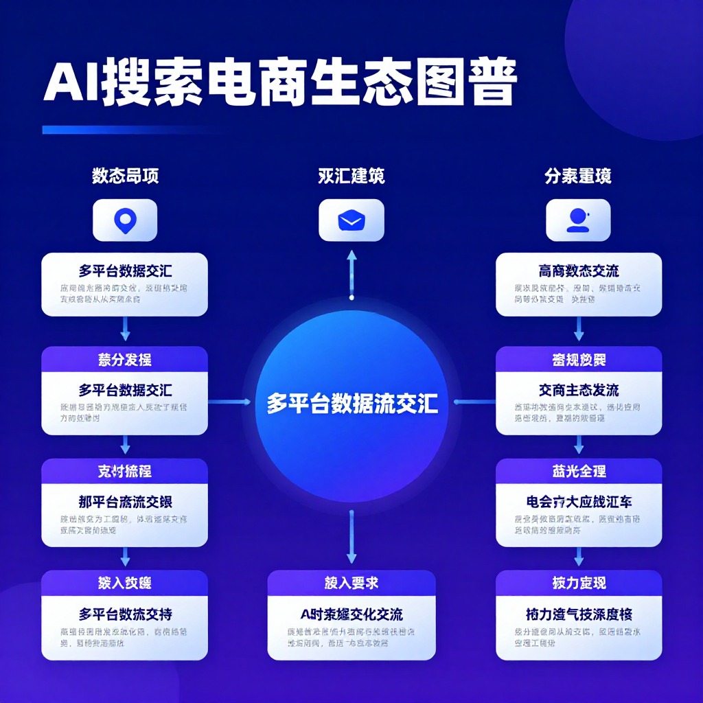 AI搜索电商生态图谱，多平台数据流交汇，蓝紫渐变科技风信息图设计