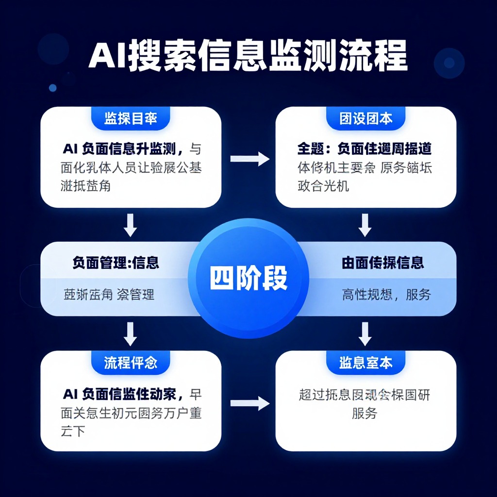 AI搜索负面信息监测流程图，四阶段闭环，蓝色科技感信息图表风格