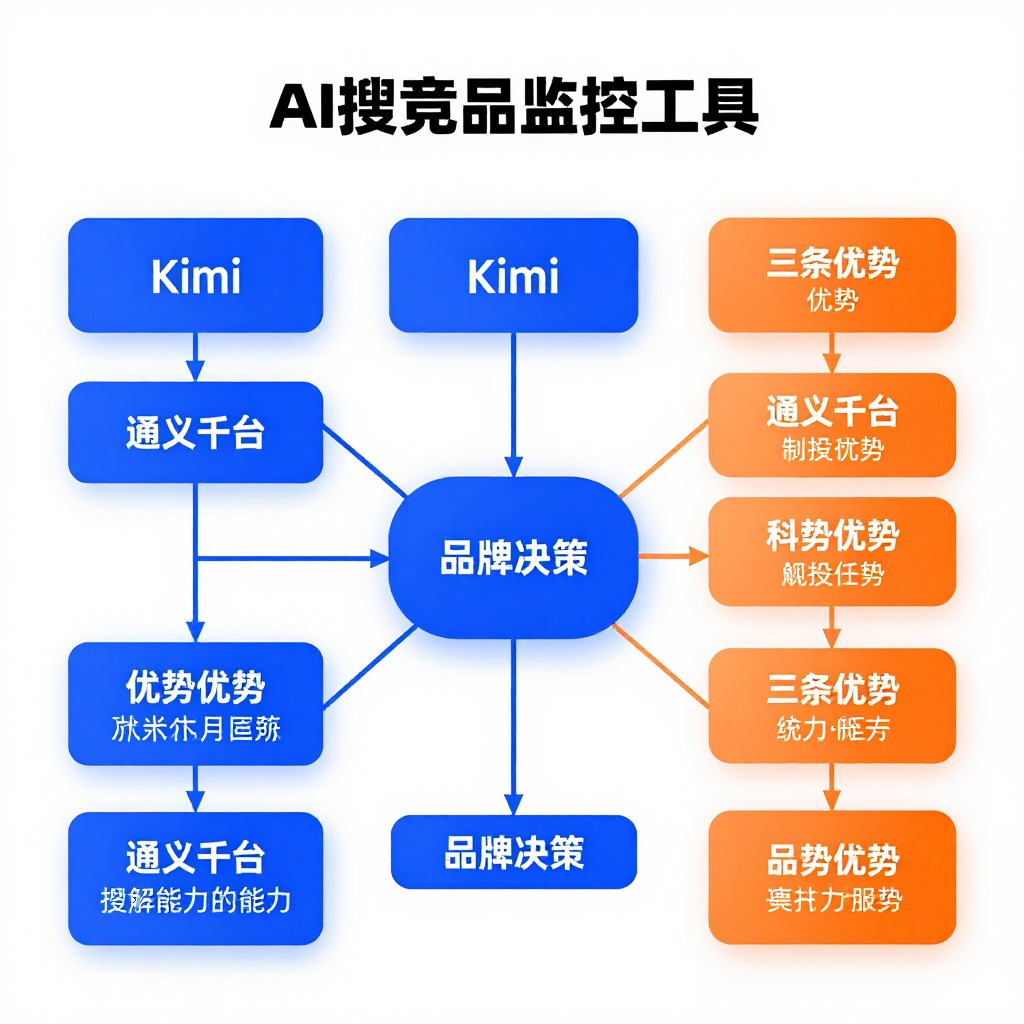 AI搜索竞品监控工具对比流程图，Kimi和通义千问各三条优势能力线路交汇于“品牌决策”，科技蓝橙渐变配色，信息图风格