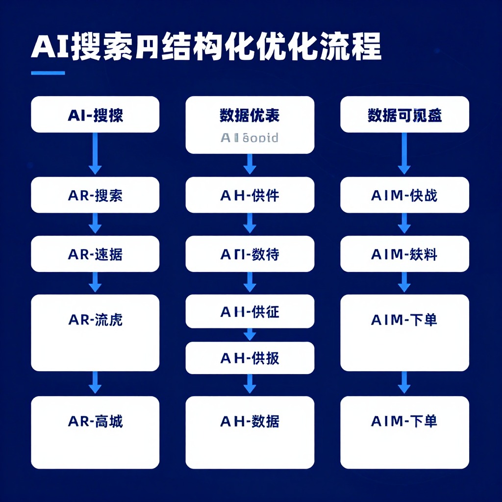 AI搜索内容结构化优化流程图，企业品牌可见度数据仪表盘，蓝白科技风格信息图