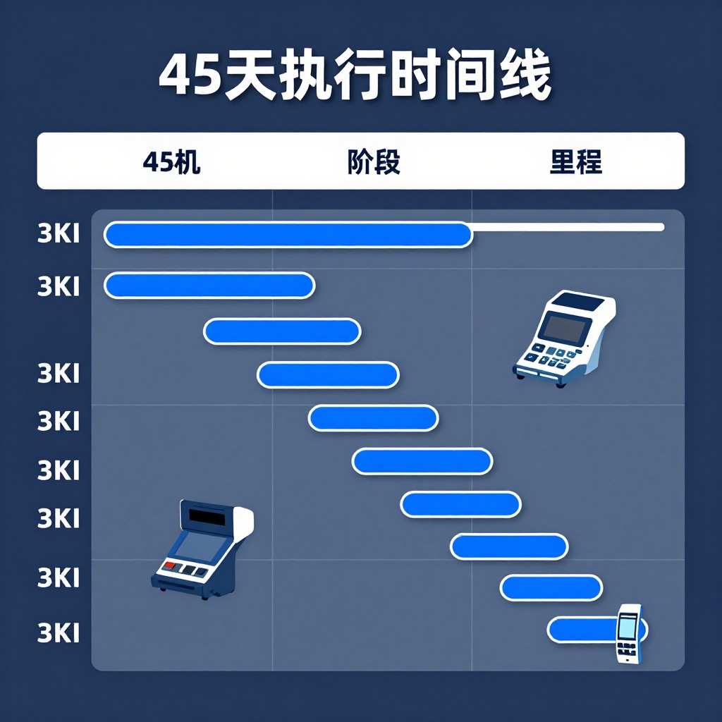 45天执行时间线甘特图，蓝色进度条标注三阶段里程碑，3C数码产品图标点缀，简洁项目管理信息图风格