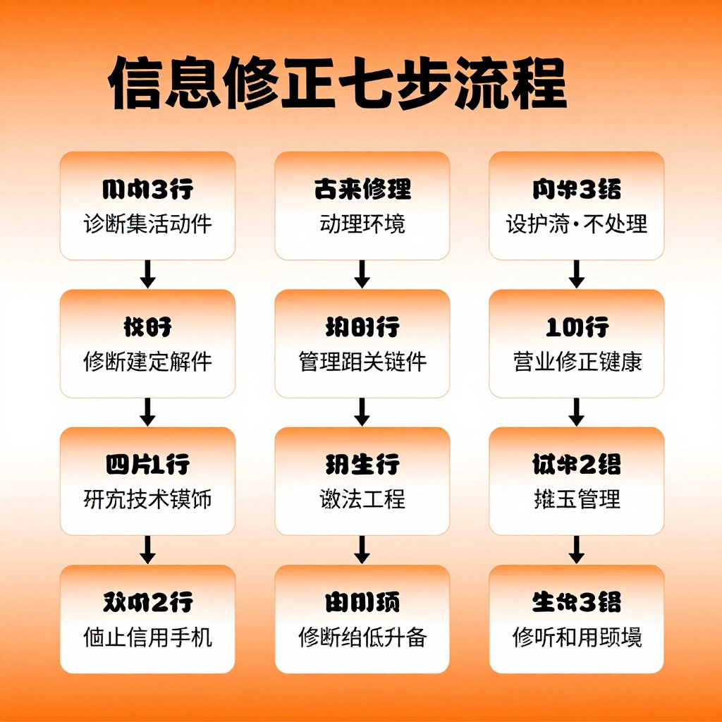 信息修正七步流程图，诊断到修正全链路，橙色渐变商务信息图表风格
