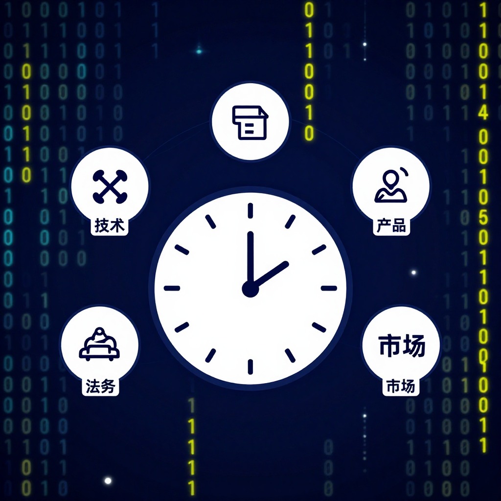 一个极简的倒计时时钟图标，旁边连接着四个部门图标（技术、产品、法务、市场），时钟指向48小时，背景是流动的二进制代码，科技感信息图，深蓝色与警示黄色搭配。
