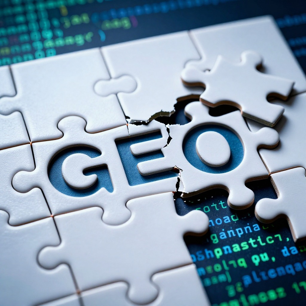 一个破碎的拼图上，关键的几块被错误切割，无法拼出完整的“GEO”字母，背景是模糊的AI算法代码流，象征因错误切片导致的信息碎片化，冷色调，写实摄影风格。
