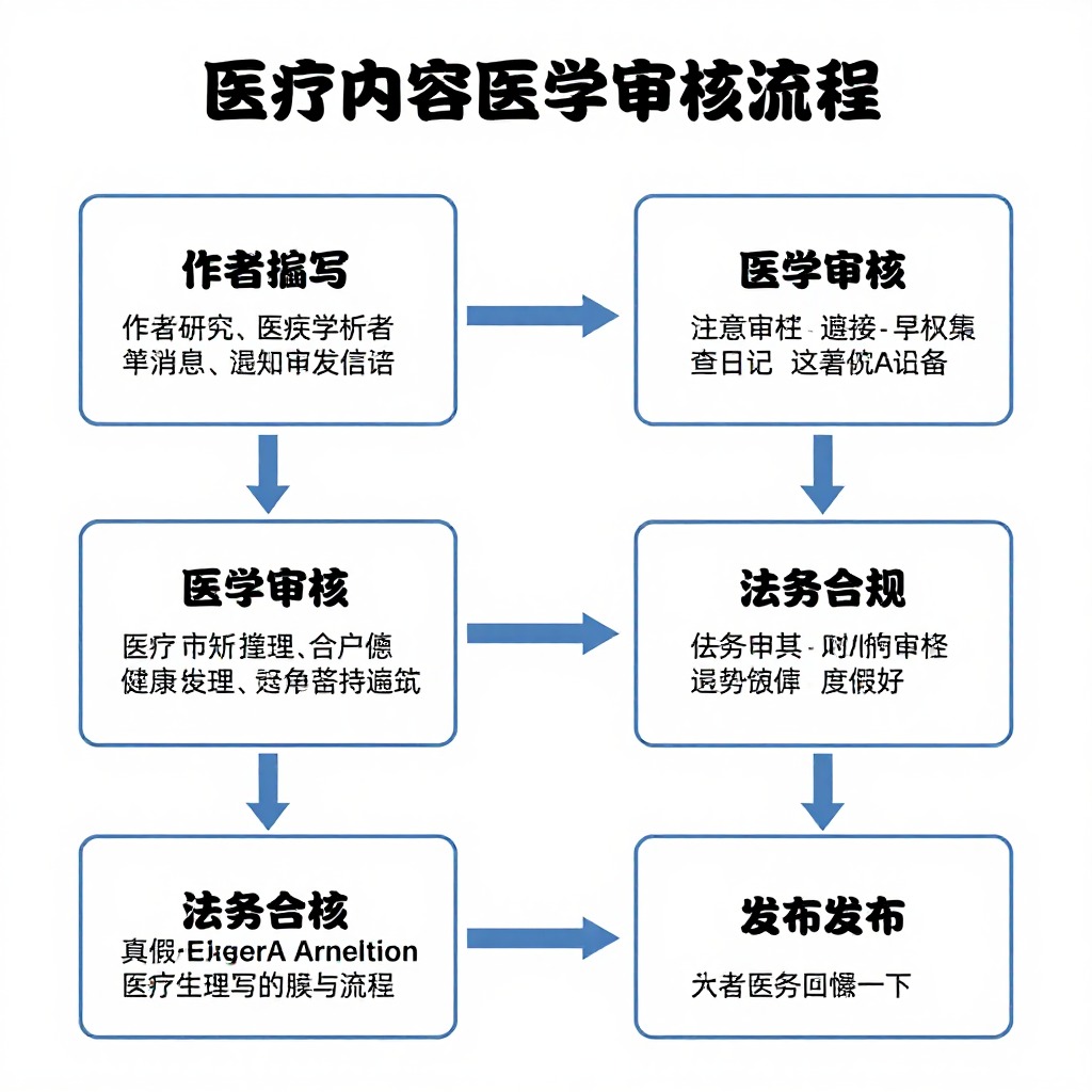 医疗内容医学审核流程示意图，显示作者撰写、医学审核、法务合规、发布四阶段，清晰工作流程图风格