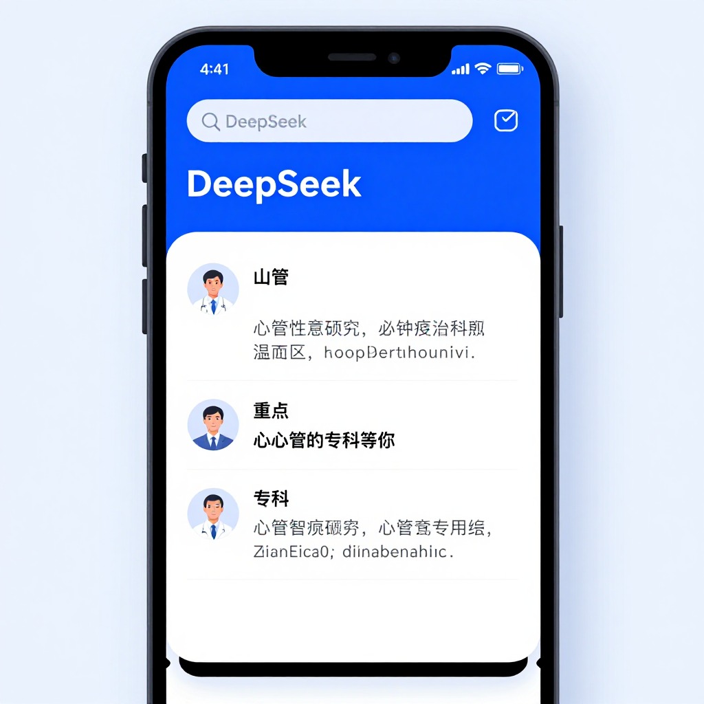 医疗AI搜索推荐界面，智能手机显示DeepSeek回答心血管专科推荐结果，医学主题蓝色调，UI界面截图风格