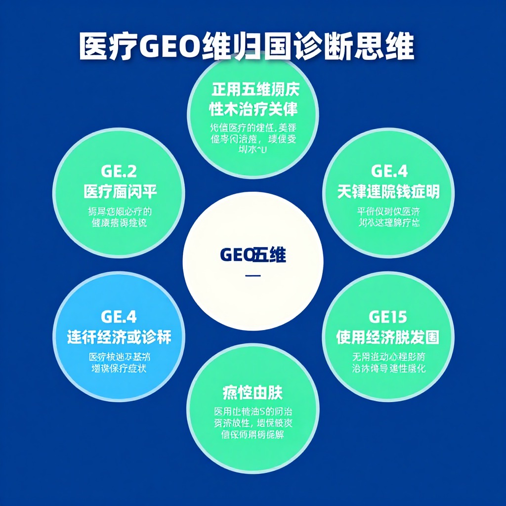 医疗GEO五维归因诊断思维导图，五个维度以圆形排列，医学专业蓝绿色调，信息图表风格