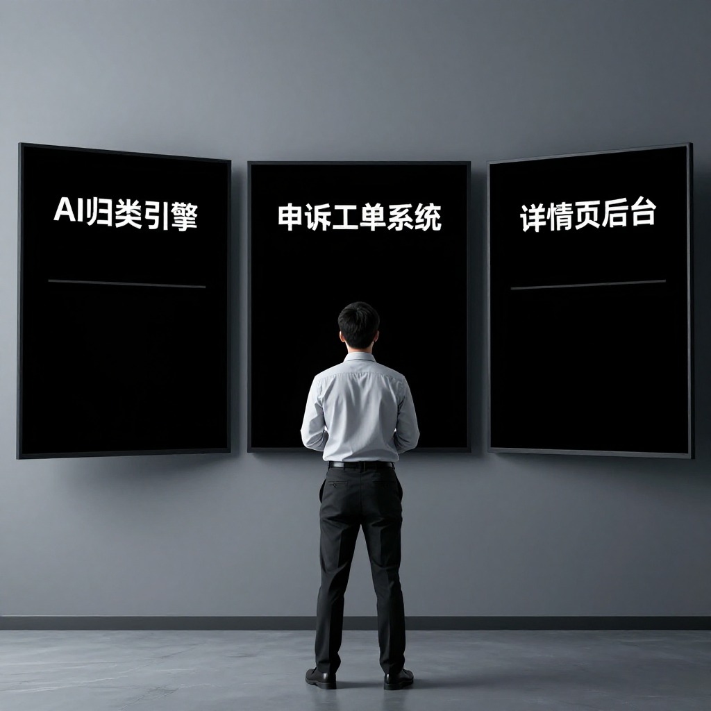 一位电商运营总监站在三个巨大的黑色屏幕前，每个屏幕上分别显示“AI归类引擎”、“申诉工单系统”、“详情页后台”，三块屏幕之间没有任何数据连线，冷灰色调，科技感写实摄影。